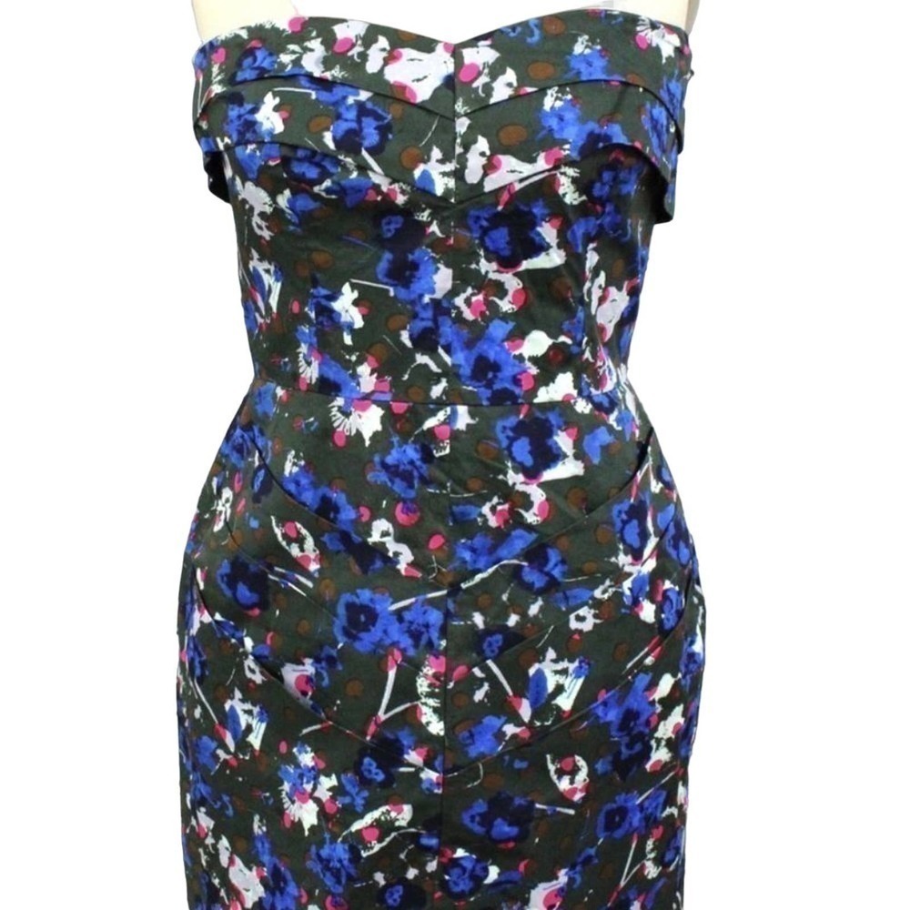 NEW Rachel Roy Strapless Floral Dress Olive Blue